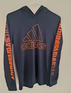 Adidas Navy Long Sleeve Hoodie Tee Shirt SZ Large Reg Fit Bright Orange Print - Picture 1 of 3