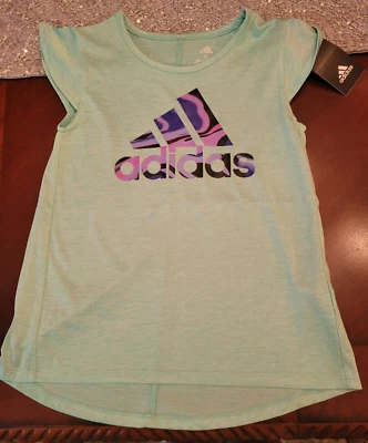 Adidas Short Sleeve Graphic T Shirt Green Black and purple Logo Girls Sze 6 - Image 1 of 2