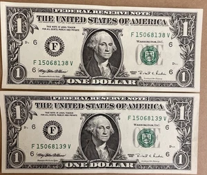 2 CONSECUTIVE 1995 $1 Dollar Bills FRN,( ATLANTA, GA F ) UNCIRCULATED BANKNOTES. - Picture 1 of 2