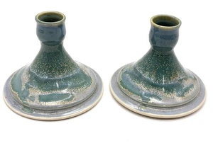 Coppia di portacandele vintage studio ceramica gres tono terra verde grigio - Foto 1 di 10
