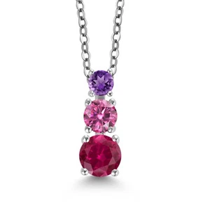 Rhodium Plated 3 Stone Pendant for Women & Chain Created Ruby Pink Moissanite - Picture 1 of 3
