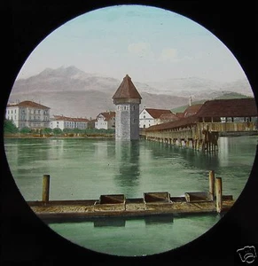 Glass Magic Lantern Slide LUCERNE BRIDGE & TOWER C1890 SWITZERLAND - Picture 1 of 2