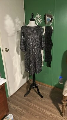 Vestido de lentejuelas para mujer Luxology manga 3/4 talla 12 negro y plateado vestido de poliéster Foto 1 de 4