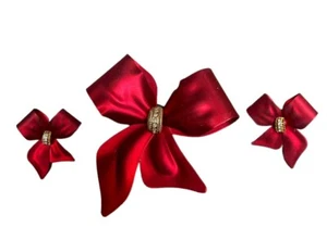 Vtg Signed Tona Red Satin Metal & Rhinestones Bow Ribbon Brooch & Earring Set - Picture 1 of 6