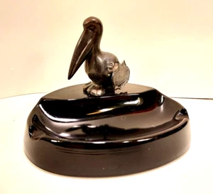 Vintage Cast Metal Pelican on Black Ceramic Ashtray AS FOUND - Picture 1 of 5