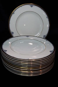 ROYAL DOULTON PRINCETON BLUE SCROLLS BLACK BAND GOLD TRIM 12 SALAD PLATES 8" - Picture 1 of 7