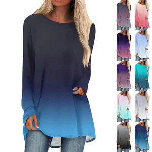Womens Long Sleeve Round Neck Shirts Gradient Basic Loose Tunic Tops Casual 2024 - Picture 1 of 18
