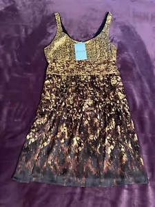 Marciano Dress M Sleeveless Chic Gold Brown Silk Lined Belt Splash Design GUESS - Picture 1 of 16