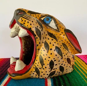 Arte popular mexicano madera tallada jaguar leopardo cabeza de gato león máscara facial Guerrero 8" - Imagen 1 de 11