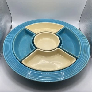 Vintage fiesta Relish Party Tray Old Ivory & Turquoise 6 Piece Set Made in USA - Picture 1 of 17