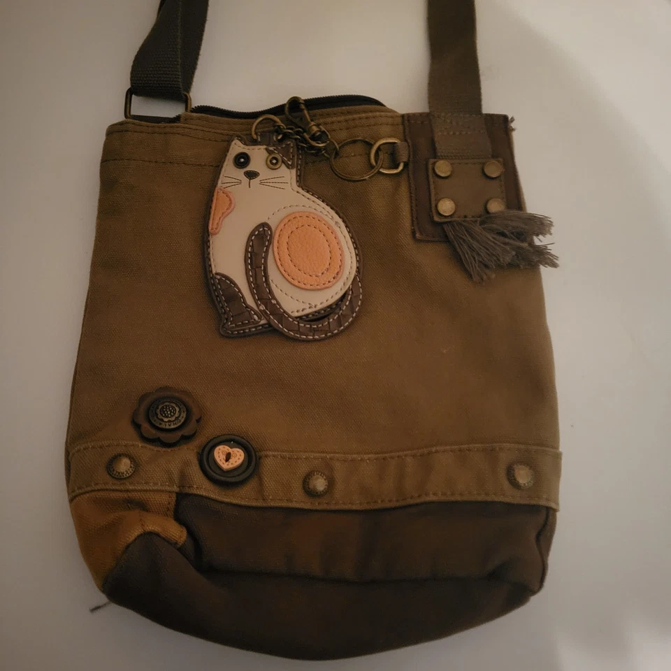 Chala Purse Handbag Brown Canvas Crossbody with Key Chain Tote Bag Kitty Cat - Image 1 of 4