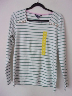 New Crew Clothing Square Neck Breton White Green Stripe Top T-Shirt Size: UK 10 - Image 1 of 4