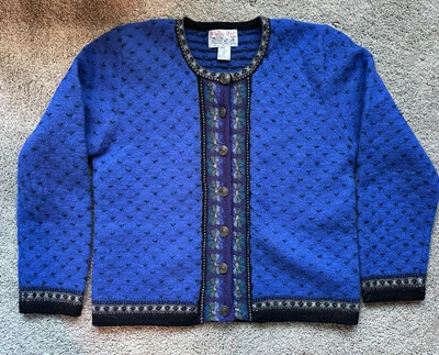 Tally Ho Sweater Cardigan Wool Royal Blue Nordic Fair Isle Vintage Large - Image 1 of 4
