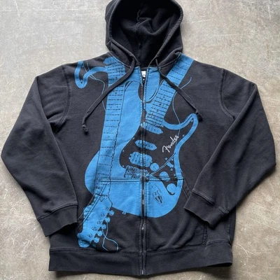 Fender Full Zip Men's Medium Blue Black Rock n Roll Guitars Hoodie Sweatshirt - Image 1 of 4