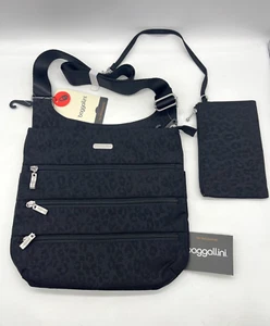 Sac à main bandoulière Baggallini noir imprimé guépard en relief multi fermeture éclair, neuf - Photo 1/4