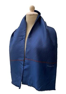 CHRISTIAN DIOR LUNARES AZUL RECTÁNGULO Lana Seda Bufanda 54/11 pulgadas #A2 Foto 1 de 4