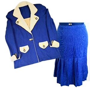 Vintage Chez Modes Knit Suit Set Women's M Royal Blue Blouse & Skirt Made in USA - Picture 1 of 9