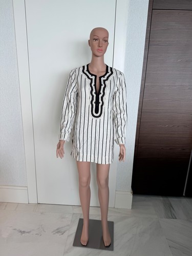 Abito tunica Tory Burch 6 ricamato a righe boho bianco e nero