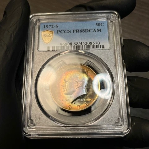 PR68DCAM 1972-S Kennedy Half Dollar Proof, PCGS Secure- Rainbow Album Toned Cover