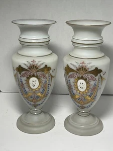 Stately Pair Bristol Opaline Hand Blown, Hand Painted Glass Vases Heavy Gold 12" - Picture 1 of 8