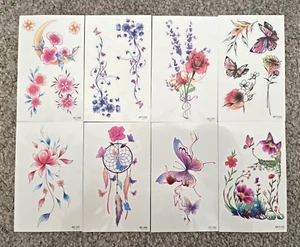 8 Sheet Temporary Tattoos Butterfly Feather Floral Nature Body Art Colorful - Picture 1 of 4