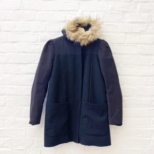 Maje || Sinatra Fur Trim Hooded Coat Black 36 - Picture 1 of 8