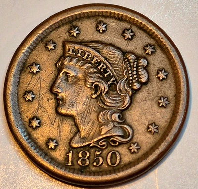 1850 Braided Hair Large Cent N20 R5 GSID 1150 Strong AU Features 1C - Image 1 of 2