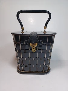 VINTAGE DECO STYLE 1950s BLACK VINYL LUCITE & GOLD METAL WEAVE PURSE - Picture 1 of 16