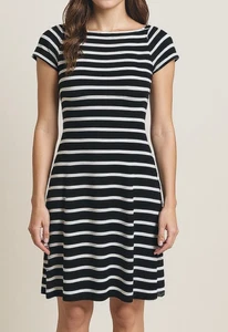 BETSY & ADAM Womens 4 B&W Elegant Striped Lined Illusion Inset Fit Flare Dress - Picture 1 of 19