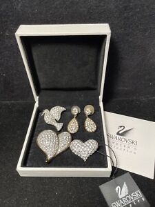 Lot 4 Swarovski Swan Signed Brooch Pendant Earring Heart Dove Crystal Box Tags