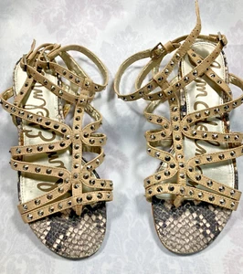 SAM EDELMAN DEMI STUDDED GLADIATOR CAGE SANDALS BEIGE ANIMAL PRINT LEATHER 7.5 - Picture 1 of 15