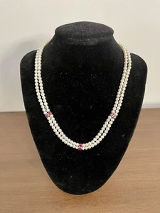 Pearl Double Two Strand Necklace w/ Diamonds & Ruby Rubies Stone 14k Gold Clasp - Picture 1 of 13