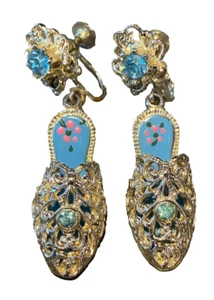 Vintage Slipper Shoe Silver Tone Filigree Blue Rhinestone Screw Back Earrings - Picture 1 of 5