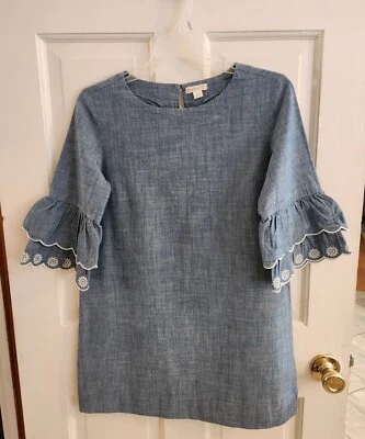 CREW CUTS GIRLS CHAMBRAY DENIM WHITE FLOWERS SLEEVE DRESS 100% COTTON SIZE 14 - Image 1 of 4