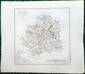 Dépt 36 - Atlas Royaume de France Rare Carte Aquarellée 45x40 cm + Texte - 1823 - Picture 1 of 2