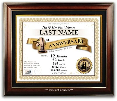 CERTIFICADO PERSONALIZADO FELIZ 1ª BODA ANIVERSARIO - 1 AÑO REGALO REGALO Foto 1 de 2