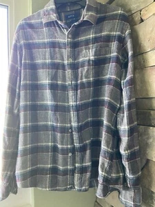 APT Large Mens Large Cotton Flannel Shirt W Stretch Blue Grey Maroon 44” Chest - Picture 1 of 6