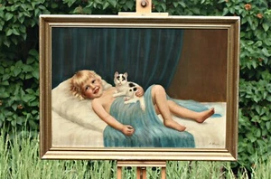 Lámpara Amanda: Niño con gato, óleo/lienzo, pintura al óleo sobre lienzo pintura grande - Imagen 1 de 6
