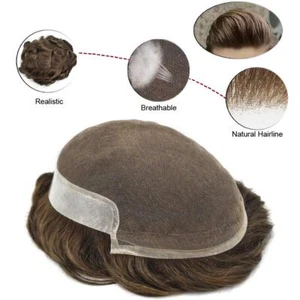 French Lace Front Mens Toupee Poly Skin Hairpieces Human Hair Replacement Syste - Picture 1 of 69