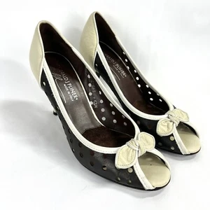 Donald J Pliner 6.5 Brown Cream Heels Peep Toe Bows Cut Out Holes Zazas Italy - Picture 1 of 13