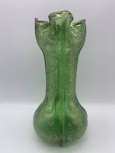Antike Jugendstil grüne Glas Vase böhmisch gold vergoldet Perlen Design - Bild 1 von 8