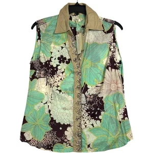 Neu mit Etikett Henry Cotton's grün Blumenmuster ärmellose Bluse Kragen Perlenbesatz Größe XL - Bild 1 von 8