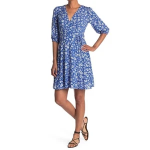 Calvin Klein Women's Faux Wrap Puff Sleeve Mini Dress Blue Floral Size 2 $129 - Picture 1 of 4