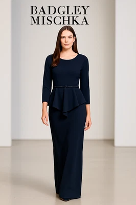 Badgley Mischka sz 4 Long Sleeve Modest Peplum Navy Gown MOB Gala Runway Couture - Image 1 of 4