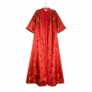 Vintage Dynastie traditioneller chinesischer roter Seidenmantel Kimono Mantel Blumenmuster gefüttert - Bild 1 von 14