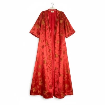 Vintage Dynasty Traditional Chinese Red Silk Robe Kimono Coat Floral Lined - Image 1 of 4