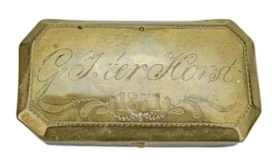 ANTIQUE 19TH C. DATED 1871 BRASS PRESENTATION TOBACCO/TINDER BOX & CLAY PIPE - Picture 1 of 10