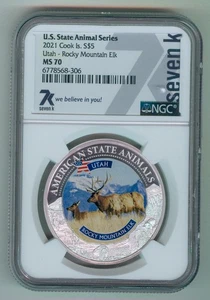 2021 $5 COOK ISLAND U.S. STATE ANIMAL SERIES COMMEM. SILVER COIN - NGC - MS70 - Picture 1 of 2