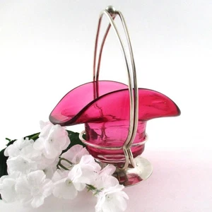 Antique Open Salt BASKET - CRANBERRY art glass, EPNS silver Holder - ENGLISH - Picture 1 of 15