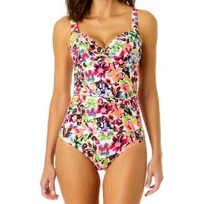 Anne Cole Sun Blossom Retro Twist Front Shirred One Piece Swimsuit Sz 14 New - Picture 1 of 8